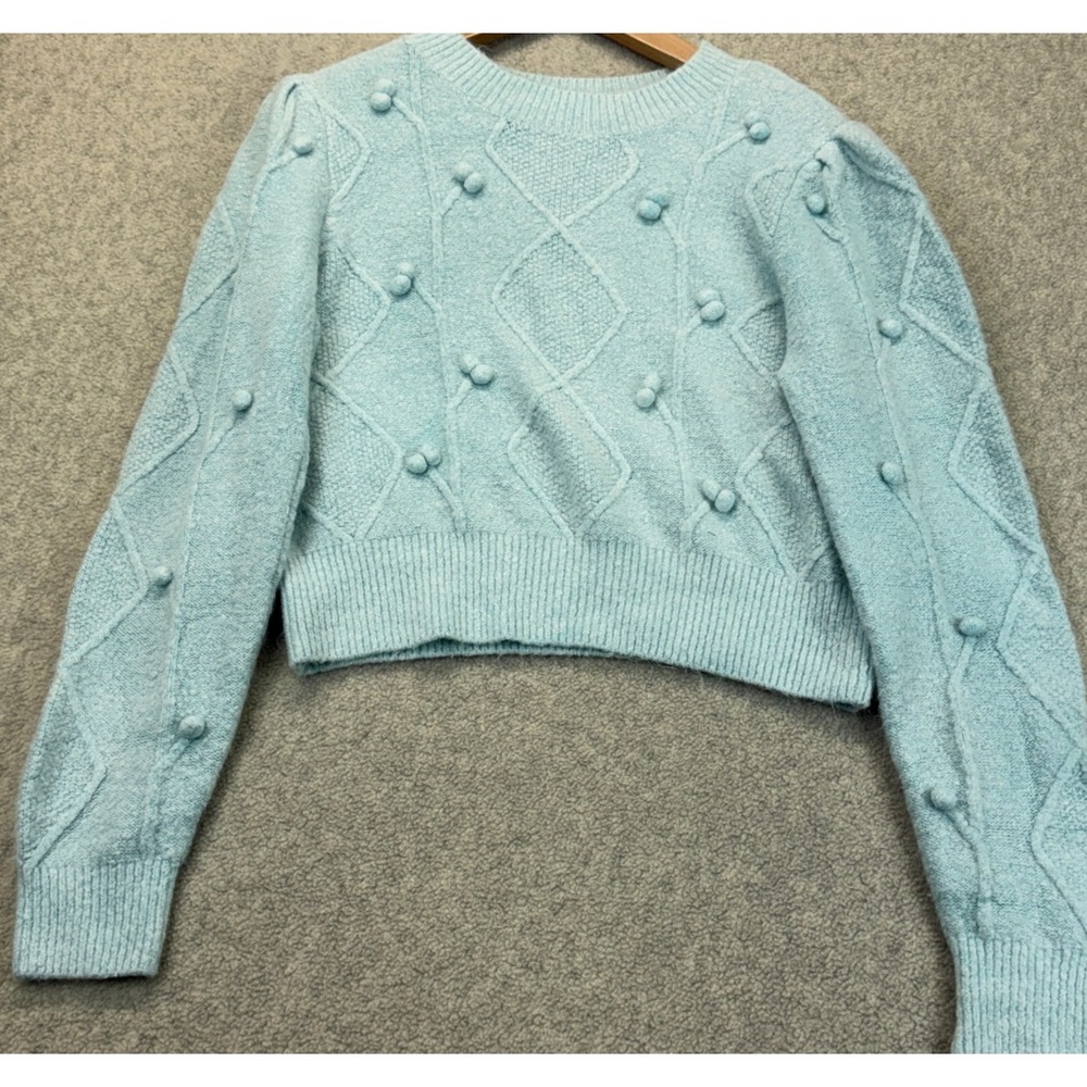 Elodie Womens Cropped Sweater Light Blue Diamond Knit Pom-Pom Long Sleeve S